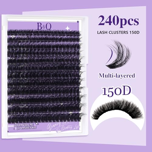 B&Q Volume Lash Clusters Kit 280PCS Lash Extension Kit Thick 3D Wispy DIY Eyelash Extension Set with Individual Lashes, Lash Bond and Remover,Tweezers(150D)