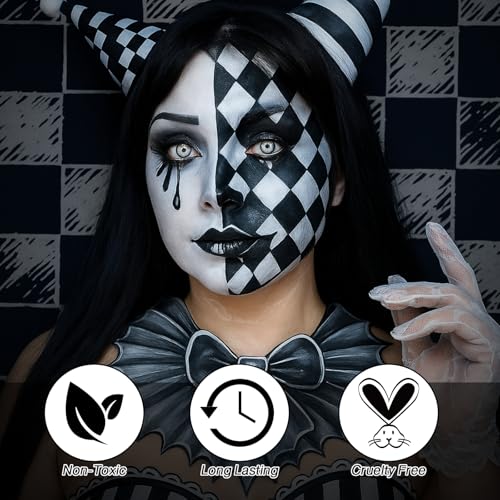 Black White Gray Face Paint Palette ? Oil-Based Grease Makeup 3-in-1 Jar with 5 Brushes & 3 Sponges ? Waterproof, Sweat-Proof, Easy On & Off SFX Makeup for Halloween, Cosplay, Gothic & Stage Looksy