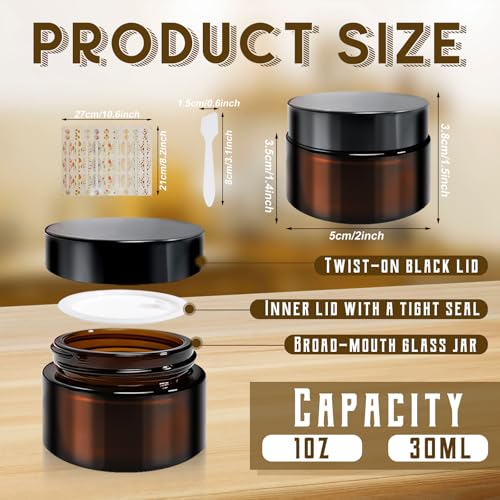 64 Pcs 1oz Glass Jars with Lids, Small Cosmetic Containers Bulk Amber Tins Glass with Inner Liners, Facial Mask Spoons, and Labels for Travel Lotions, Creams, and Candles (Black Lid)