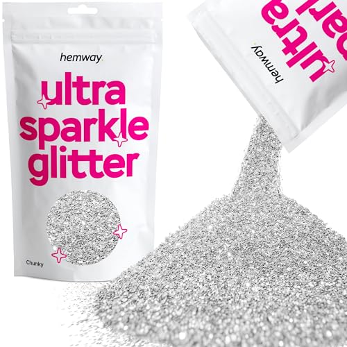 Hemway Premium Ultra Sparkle Glitter Multi Purpose Metallic Flake for Arts Crafts Nails Cosmetics Resin Festival Face Hair - Silver - Chunky (1/40" 0.025" 0.6mm) 100g / 3.5oz