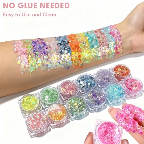 12 Colors Glow in The Dark Glitter Gel,Makeup Chunky Fine Glitter for Women, UV Black Light Body/Face/Hair/Eyeshadow for Halloween Makeup Raves Festivals