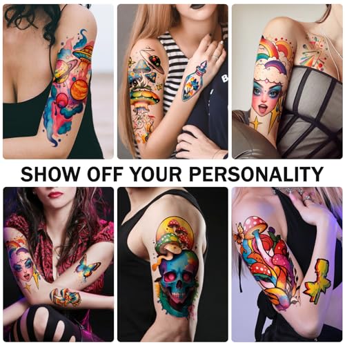 Temporary Tattoo Adult Sleeve, Sugar Skull Mushroom Floral Tribal Eye Half Arm Sleeve Fake Tattoos for Adults Women Men, Waterproof Tiny Tattoos Sticker for Girls Boys and Kids, 77 Sheets