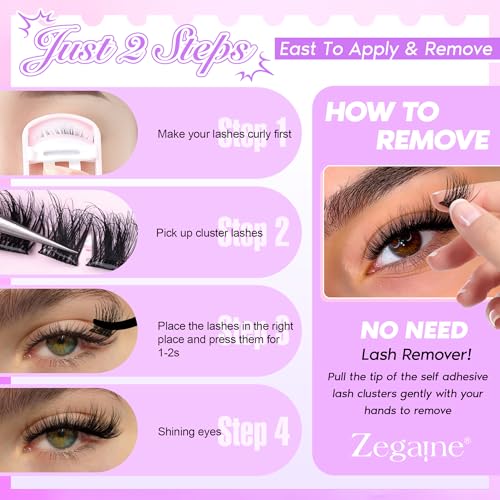 Zegaine Self Adhesive Eyelashes Natural Self Adhesive Lash Clusters Wispy Pre Glued Eyelash Clusters Clear Band C-Curly Pesta?as Postizas Naturales Wispy Glueless Lashes No Glue Needed 10-14MM
