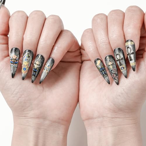 FORBELOVED NAILS.Glitter Cat Eyes Silvery Y2K Handmade Press On Nails,Long Stiletto Glue On Nails,Hand-Painted Gold Foil Bastet False Nails For Women And Girls,10Pcs/Set With Glue,(Silvery-L),FOB