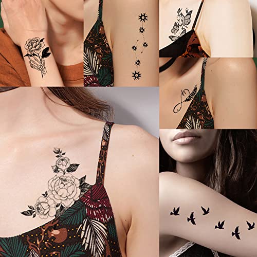 GLARYYEARS Floral Temporary Tattoo, 48-Pack Large + Small size Realistic Flower Tattoos, Mix Design Variety Pack Fake Tattoo Stickers for Women Girls Adults, Long-lasting Body Tattoos for Party