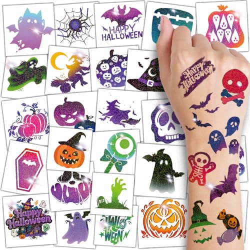 Glitter Halloween Tattoos for Kids - 74 Individually Sheets Glitter Pumpkin Bat Skeletons Spiderweb Tattoos for Kids Halloween Party Supplies Treats Goodie Bag Fillers
