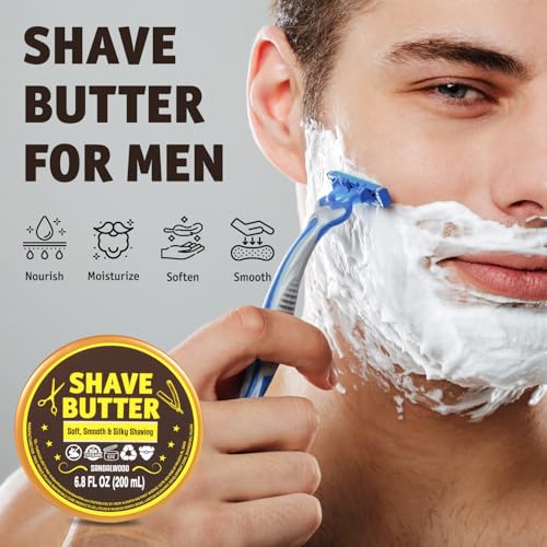 Shave Butter, Shaving Cream for Sensitive Skin, Naturally Derived with Shea Butter and Sandalwood Oil for the Smoothest Shave, Soft and Silky Skin -Sandalwood Scent, 200ml(6.8 floz)