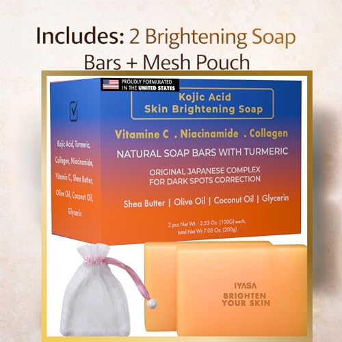 IYASA Kojic Acid Soap for Dark Spots ? Turmeric Brightening Bar with Vitamin C, Retinol & Shea Butter | Evens Tone & Fades Hyperpigmentation | SGS-Tested, Steroid-Free (2 Pack)