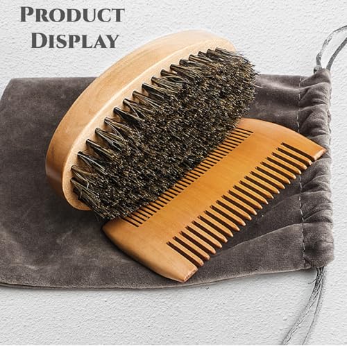 Beard Brush and Comb Set for Men Boar Bristle Beard Brush, Wooden Comb & Travel Pouch White Elephant Gifts, Christmas Stocking Stuffers for Husband Dad Boyfriend Portable Beard Grooming Kit
