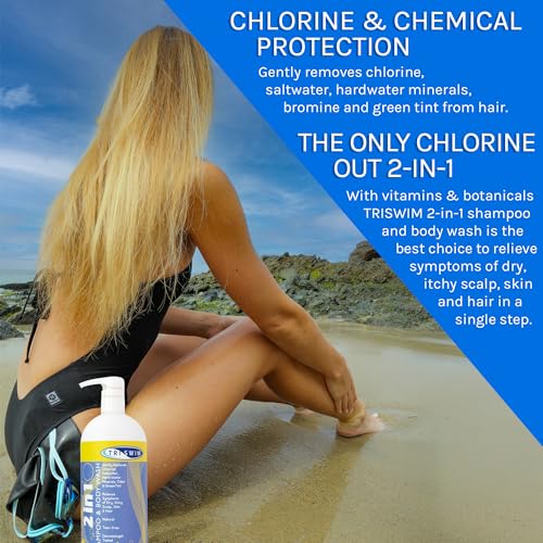 TRISWIM 2-in-1 Chlorine-Out Shampoo & Body Wash 32oz | Removes Chlorine, Saltwater, Hard Water Minerals, Copper, Green Tint | Vegan, Tear-Free, No Parabens | Watermelon Scent