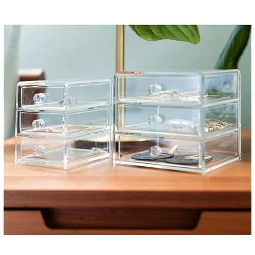 Huang Acrylic Clear Acrylic 3-Drawer Organizer, Large Makeup Jewelry Accessories Cosmetic Countertop Storage Display 5.15 x 4.7 x 4.5 inches