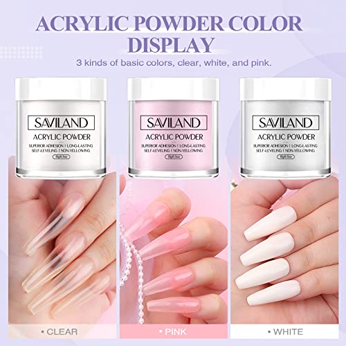 Saviland Acrylic Nail Kit for Beginners: 3 Colors Acrylic Powder, 50ml Acrylic Liquid, #8/10/14 Brushes, 100Pcs Nail Forms & Manicure Tools Professional Nail Kit Acrylic Set