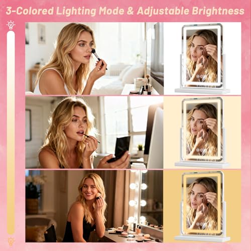 Suidia Vanity Mirror with Lights, 18"¡¿14" LED Makeup Mirror with Light, Smart Touch with 3-Color Lighting, 360¡ÆRatation for Vanity Desk Tabletop,White,Lamp Belt Style