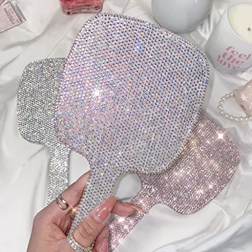 TISHAA Bling Handheld Makeup Mirror ? Sparkly Crystal Rhinestone Compact Mirror for Women, Cute Portable Vanity Mirror for Travel, Purse, Gift for Her (White AB)