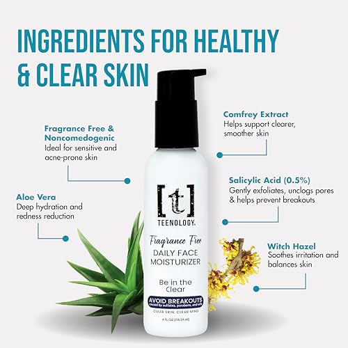 Teenology Face Moisturizer for Teens, Avoid Acne Breakouts, Sulfate & Paraben Free, with Natural Botanical Extracts - Daily Skin Care Cream for Clear & Healthy Skin, 4 oz - (Fragrance Free)