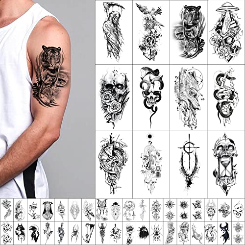 GLARYYEARS Temporary Tattoo for Men, 48-Pack 12 Large 36 Small Fake Tattoos, Long-lasting Realistic Tattoo Stickers, Halloween Cool Black Skull Snake Death Designs for Adults Women for Body Half Arm