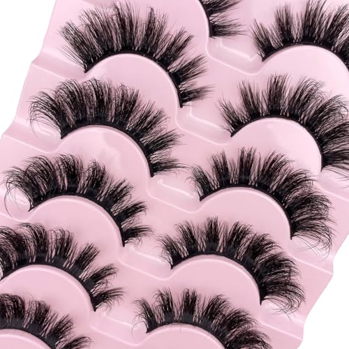 Eyelashes Wispy Lashes Strips - Russian D Curl Strip lashes, 3D Volume Mink Eyelash for Dramatic Look, 7-Pairs Fluffy False Eyelashes