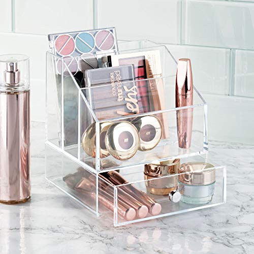 iDesign Clarity Cosmetic Palette Organizer with Drawer for Vanity or Cabinet to Hold Makeup, Beauty Products, Hair Accessories - 3 Compartments - Clear