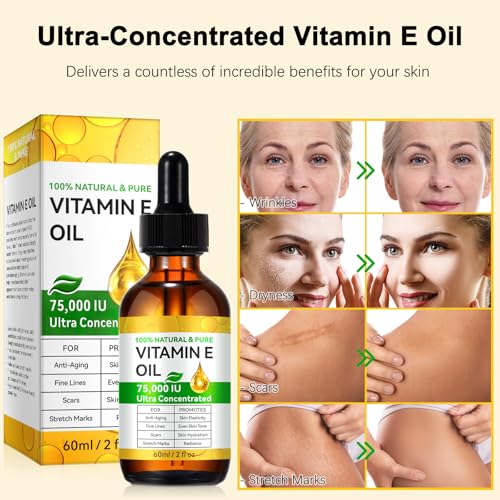 Vitamin E Oil for Skin - 75,000 IU | Vitamin E Oil for Scars, Stretch Marks, Wrinkles, 100% Natural d-Alpha Tocopherol for Face & Hair, Moisturizing Anti-Aging (120 ML)