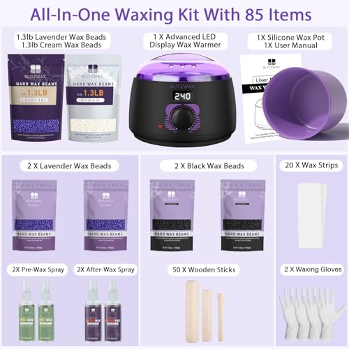 BLITZWAX Brazilian and Bikini Waxing Kit With 2.6lb Lavender and Cream Wax Beads, Hard Wax Warmer for Face, Legs and Body, At Home Hair Removal Kit, Beginner Friendly, Digital Fast Heating