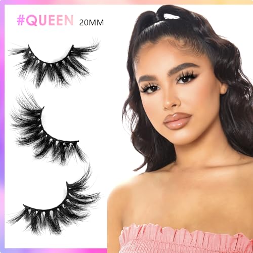 20mm Mink Lashes, 3D Real Mink Lashes, 3 Pairs Fluffy Dramatic False Eyelashes, 100% HandMade Mink Lshes, 6D Wispy Long Thick Full Volume Strip Eye Lashes, Cruelty Free (Party Time)