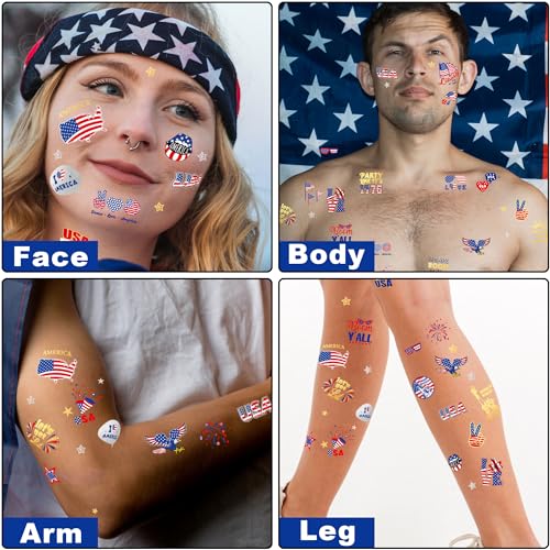 94 PCS 6 Sheets 4th of July Temporary Tattoo Set, Independence Day Body Stickers, Patriotic Parade Party Accessories, Long Lasting Tattoo Stickers for Kids Adults, Red White and Blue Accessories