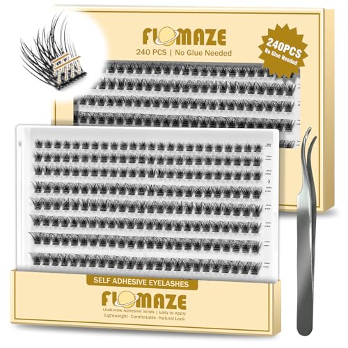 Self Adhesive Eyelashes, 240 PCS Self Adhesive Eyelash Clusters, No Glue Needed, Dual-row Glue Strips 8-16mm Mixed Individual Lash Extension Super Sticky False Lashes