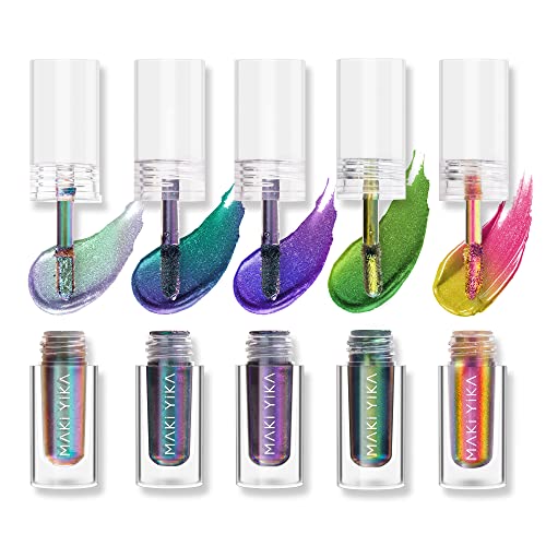 MAKI YIKA 5Pc Glitter Eyeshadow Liquid Multichrome Eyeshadows Long Lasting, Metallic Chameleon Eye Shadow Smudgeproof Holographic Eye Topper Glitters (#1+2+3+5+6)