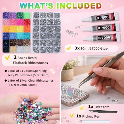 Rhinestones for Bedazzling Kit,Bedazzler Kit with Rhinestones,32000PCS Multicolor Resin Flatback Gems Diamond Art Set with 3PCS 10ml B7000 Glue for DIY Craft,Shoes,Nails (3mm+Silver Mix)