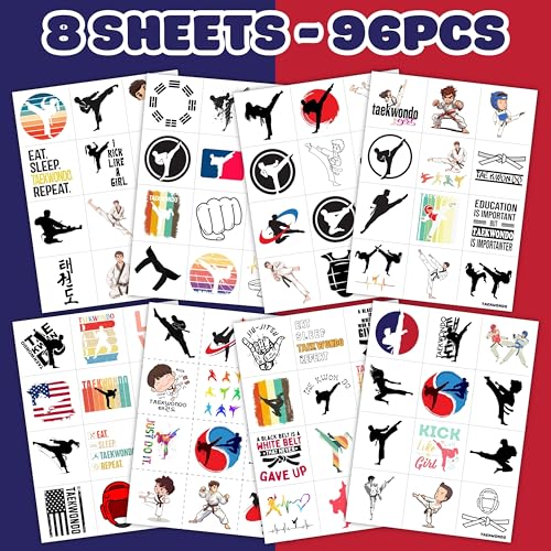 96PCS Taekwondo Pre-Cut Temporary Tattoos - Karate & Kung Fu Themed Party Favors, Cute Fake Tattoos for Kids, Boys, and Girls - Birthday Party Supplies, School Rewards & Gifts