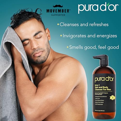 PURA D'OR 24 Oz 8-in-1 Hair & Body Cleanser For Men ? Sulfate-Free, Multi-Use Wash for Hair, Face, Beard & Body, with Organic Aloe Vera, Cedarwood & Lemongrass, Energizing & Deodorizing Formula