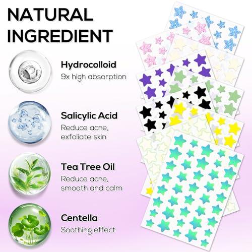 Star Pimple Patches 360 Counts, Hydrocolloid Pimples, w/Salicylic Acid & Tea Tree Oil, Pimple Patches for Face - Conceal Whiteheads, Blackheads And Blemishes, Ance (10mm,12mm,14mm)