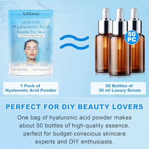 Hyaluronic Acid Powder 100% Pure, Hyaluronic Acid Serum Powder for Skin & Face, Dual Molecular Weight, Deep Hydration & Anti-Aging, DIY Serum Ingredient, Vegan Fragrance-Free(4.23oz/120g)