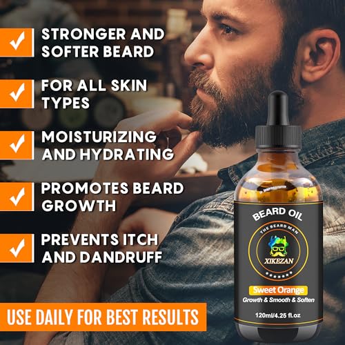 Beard Oil,120ml/4.25fl.oz Oil Promote Large Volume Beard Growth,Leave in Conditioner Beard Care Natural Sweet Orange Scent Mustaches Growth Soften Strength,Gifts for Men Him Dad