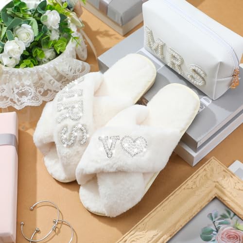 Xtinmee Personalized Initial Wedding Bride Slippers MRS Pearl Letter Makeup Bag Bridal Shower Gifts for Wedding Day (V)