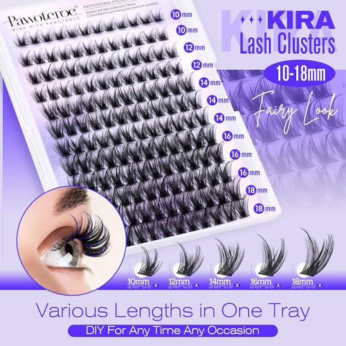 Pawotence Kira Lash Clusters Kit 10-18mm Cluster Lashes Extension Kit 144pcs Fairy Eyelash Clusters Wispy Lashes Cluster Eyelash Extensions with Waterproof Lash Bond and Seal, Remover, Applicator