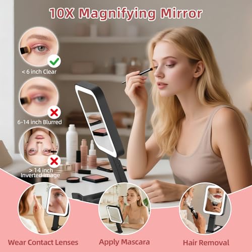 Travel Makeup Mirror with Lights, 1500mAh Rechargeable, Double-Sided 10X/1X Magnification, 3 Color Lighting, Smart Touch Dimming, Precision Tweezers, Lighted Mirror for Desk, Trip, Home, Office, Black