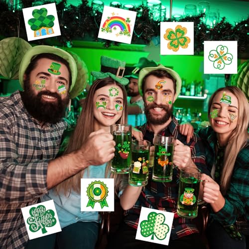 HOWAF 96pcs St. Patrick's Day Temporary Tattoos,Glitter Shamrock Tattoo Stickers for Irish Party Decorations,Lucky Clover Face Tattoos with Leprechaun for Green Party Parade Makeup