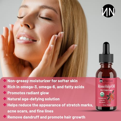 Natnique Organic Rosehip Seed Oil, 1 oz ? USDA Certified Cold-Pressed Moisturizer for Face, Skin & Hair ? Natural Hydrating Serum for Wrinkles & Fine Lines ? Ideal for Gua Sha Massage & Radiant Glow