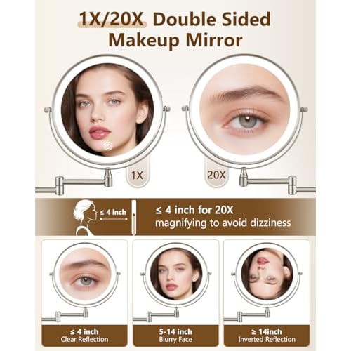 DECLUTTR 9" Wall Mounted Lighted Makeup Mirror, Rechargeable 1X/20X Magnifying Mirror with Light Double Sided, Touch Dimmable 3 Color Light, 360 Rotation Vanity Mirror