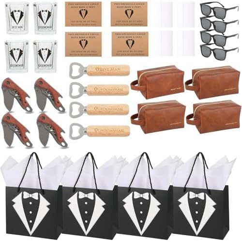 36Pcs Groomsmen Gifts Set of 4, Proposal Gift Box with Toiletry Bags, Whiskey Glasses, Sunglasses, Wood Handle Pocket Knives, Bottle Openers, Cards, Envelopes and Tuxedo Gift Bags (4 Set)
