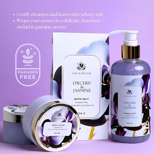 Christmas Bath Spa Gifts for Women ? Orchid & Jasmine | 9-Piece Luxury Bath and Body Set with Shower Gel, Bubble Bath, Body Mist, Lotion, Scrub, Bath Salt & More | Relaxing Gift for Her Birthday
