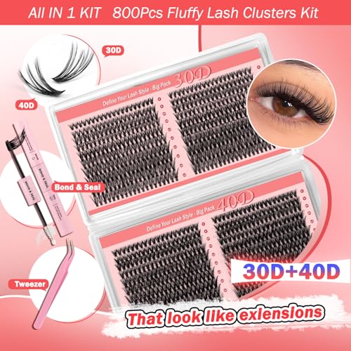 Lash Clusters Kit-800PCS DIY Eyelash Extension Kit with Bond & Seal, 30D/40D C Curl Cluster Lashes 8?16mm, Reusable Fluffy Natural False Eyelashes with Tweezers