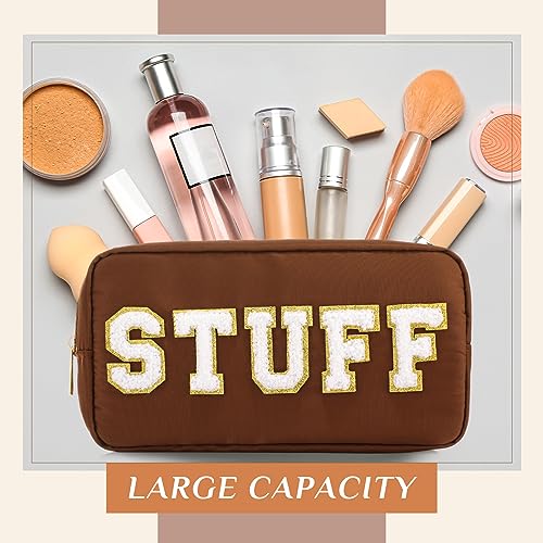Cunno 4 Pcs Preppy Makeup Bags Chenille Letter Stuff Bag Nylon Cosmetic Pouch Cases with Zipper for Women Travel Toiletry