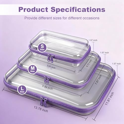 5 Pack Clear Hard Shell Zipper Pouches, TSA Friendly Transparent Design for Toiletries & Electronics, Crush-Resistant Storage for Carry-On Travel (Purple)