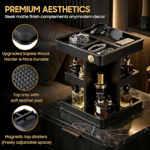 Cologne Organizer for Men, 3-Tier Large Capacity Wooden Cologne Stand with Metal Rotating Turntable, Perfume Shelf with Leather Mat Included, Desk & Nightstand Organizer, Birthday Gifts for Men, Black