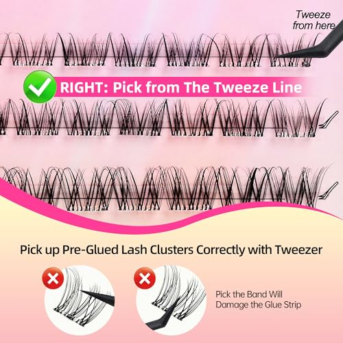 Self-Adhesive Lashes with C Curl Natural Look, 24H Strong Hold, Press On Eyelash Clusters with Invisible Band, Reusable, No Glue/Remover Needed, Beginner Friendly, FayJoo AIRY 12 Pre Glued