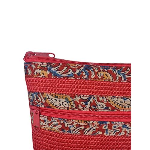 Eco-Friendly Dobby Kalamkari Pouch | Small Red Jute Bag with 2 Zippers | Reusable, Durable, Sustainable Handcrafted Travel & Cosmetic Organizer for Women & Men
