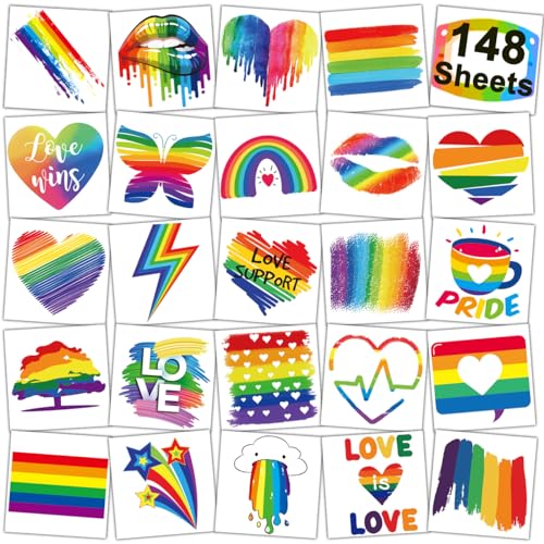 Rainbow Temporary Tattoos 148 Individually Sheets - Pride Tattoos Heart Lips Love Rainbow Tattoos for Pride Festivals
