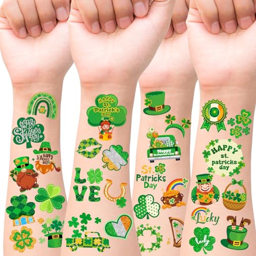 HOWAF 96pcs St. Patrick's Day Temporary Tattoos,Glitter Shamrock Tattoo Stickers for Irish Party Decorations,Lucky Clover Face Tattoos with Leprechaun for Green Party Parade Makeup